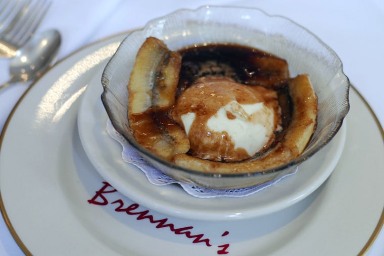 Named for a 1950s-era New Orleans politician, Bananas Foster was first served at Brennan's in 1951. The dish consists of bananas in a sauce of butter, brown sugar, cinnamon, rum and banana liqueur that is flambed tableside and served over ice cream.